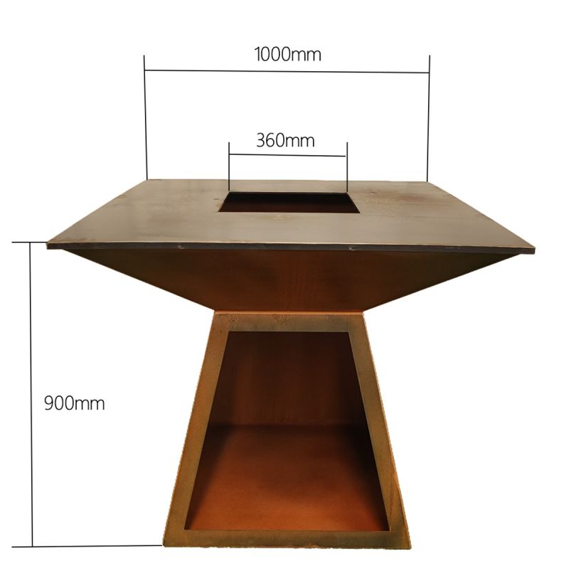 Gratar pe lemn cu plita, suprafata mare de gatit, spatiu pentru lemne, otel corten de 2 mm, 100x100x90 cm, Ruginiu, Rustico