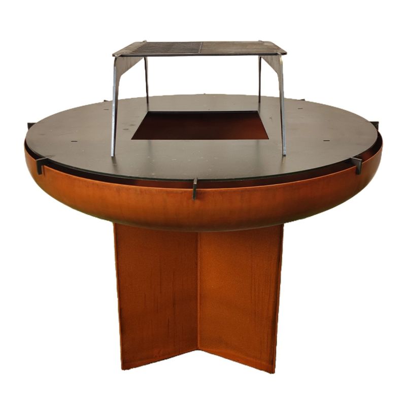 Gratar pe lemn cu plita, Vatra, Multifunctional, din otel corten de 2 mm,  dia 100xH 70 cm, AshCraft