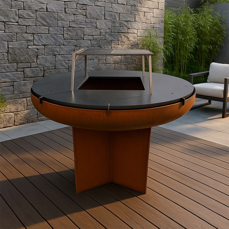 Gratar pe lemn cu plita, Vatra, Multifunctional, din otel corten de 2 mm,  dia 100xH 70 cm, AshCraft