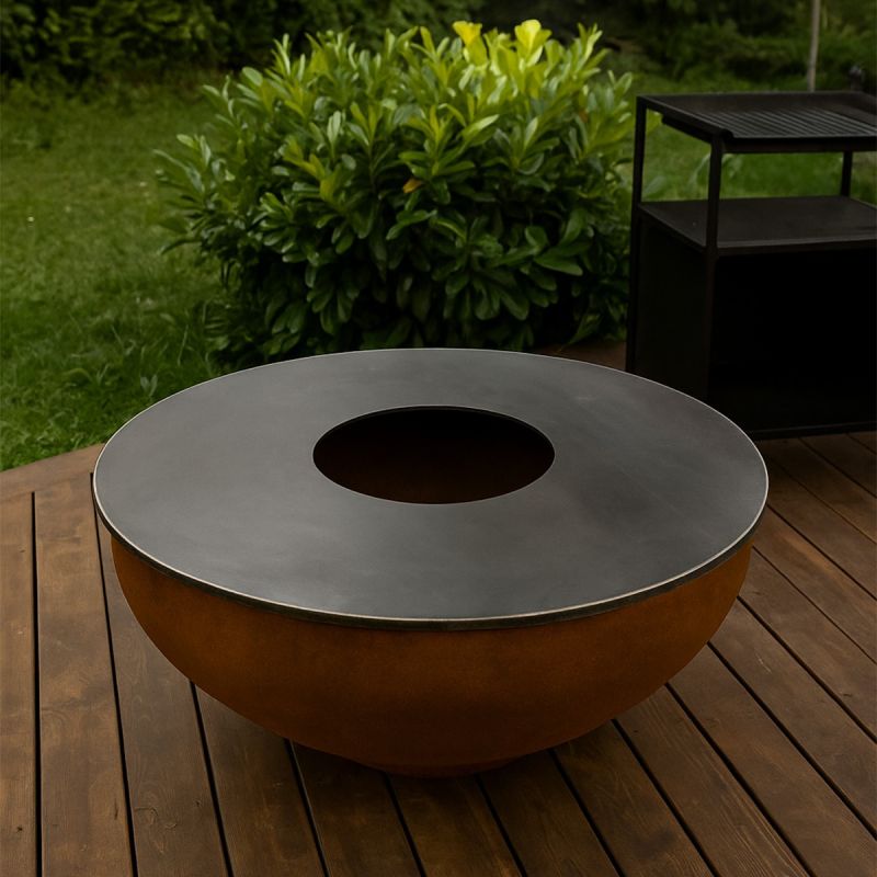 Gratar pe lemn cu plita, otel corten de 3.5 mm, dia 100xH 53, Pirathos