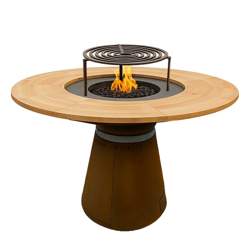 Gratar pe lemn cu plita mare pentru gatit si blat din lemn, spatiu pentru lemne, otel corten 2 mm, dia 100xH 90 cm, Avangarde