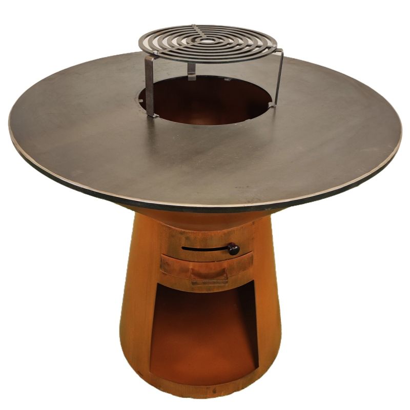 Gratar pe lemn cu plita mare pentru gatit si blat din lemn, spatiu pentru lemne, otel corten 2 mm, dia 100xH 90 cm, Avangarde