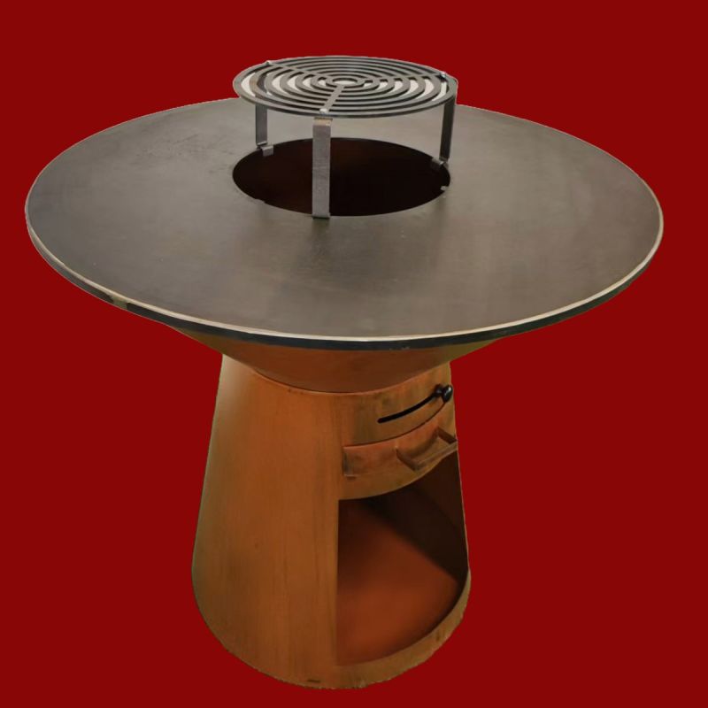 Gratar pe lemn cu plita mare pentru gatit si blat din lemn, spatiu pentru lemne, otel corten 2 mm, dia 100xH 90 cm, Avangarde