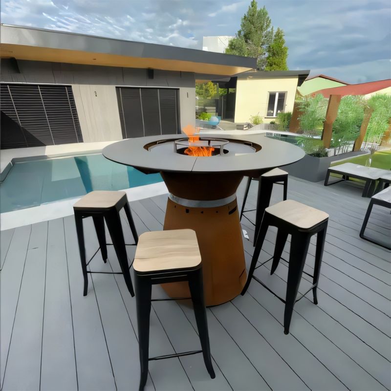 Gratar pe lemn cu plita mare pentru gatit si blat din lemn, spatiu pentru lemne, otel corten 2 mm, dia 100xH 90 cm, Avangarde