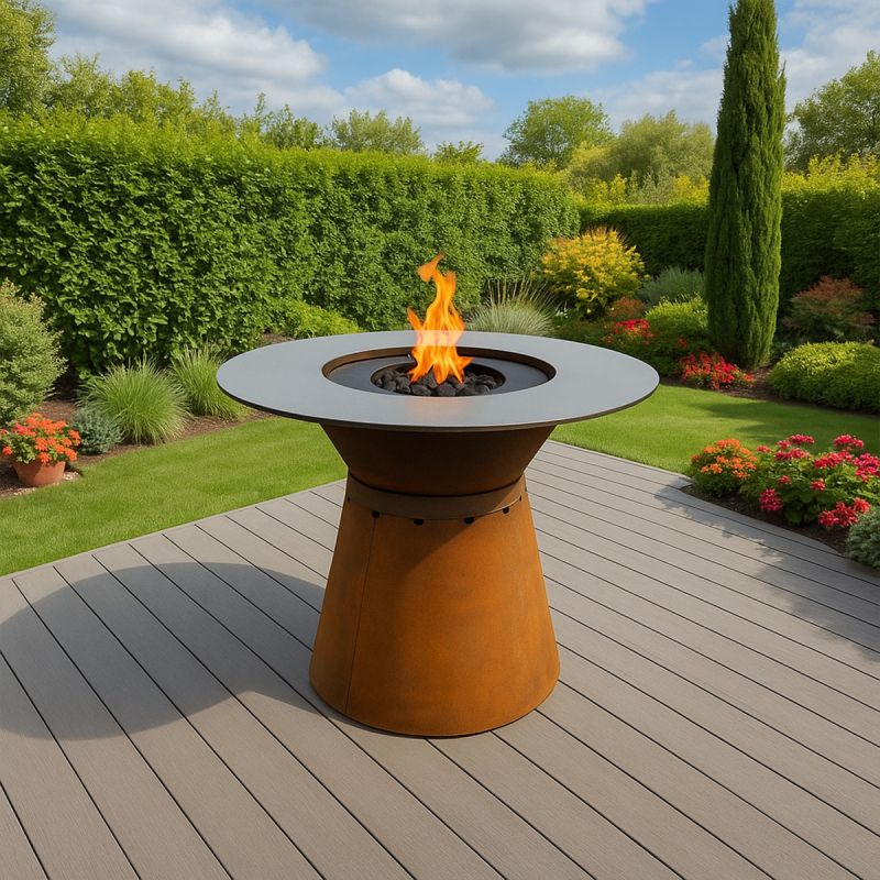 Gratar pe lemn cu plita mare pentru gatit si blat din lemn, spatiu pentru lemne, otel corten 2 mm, dia 100xH 90 cm, Avangarde