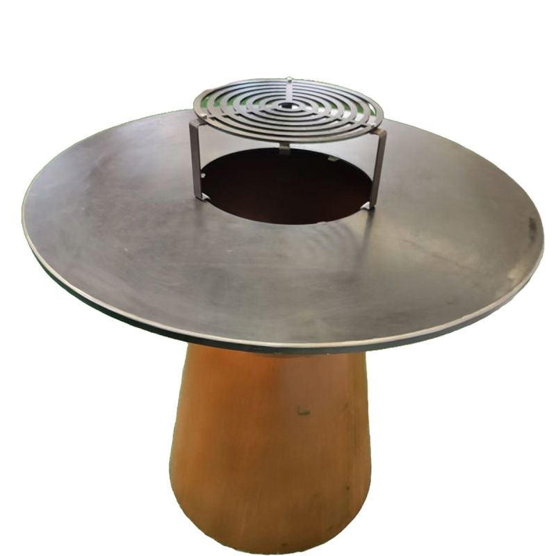 Gratar pe lemn cu plita mare pentru gatit si blat din lemn, spatiu pentru lemne, otel corten 2 mm, dia 100xH 90 cm, Avangarde