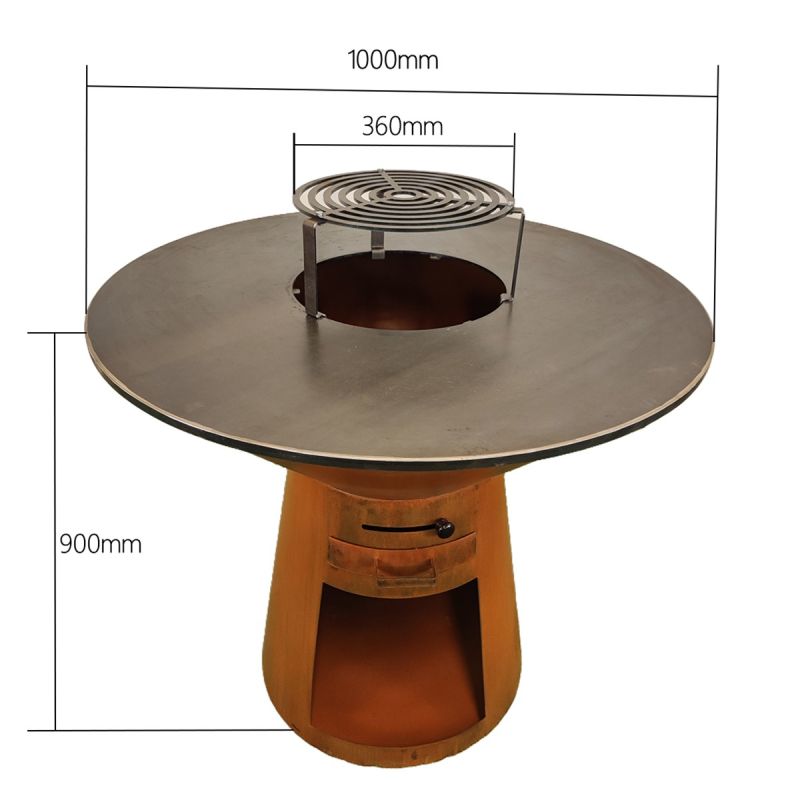 Gratar pe lemn cu plita mare pentru gatit si blat din lemn, spatiu pentru lemne, otel corten 2 mm, dia 100xH 90 cm, Avangarde