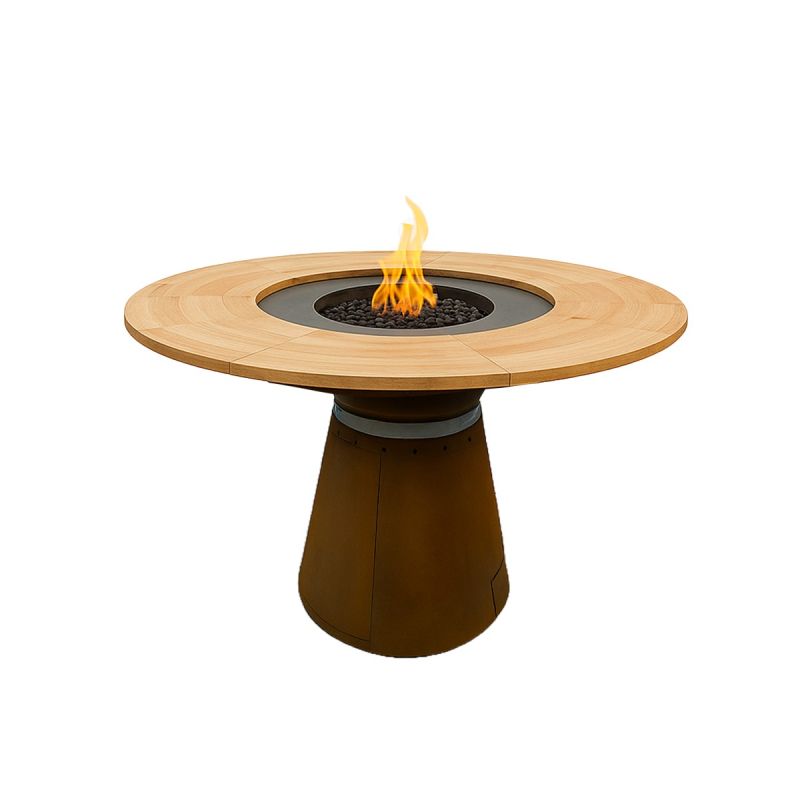 Gratar pe lemn cu plita mare pentru gatit si blat din lemn, spatiu pentru lemne, otel corten 2 mm, dia 100xH 90 cm, Avangarde