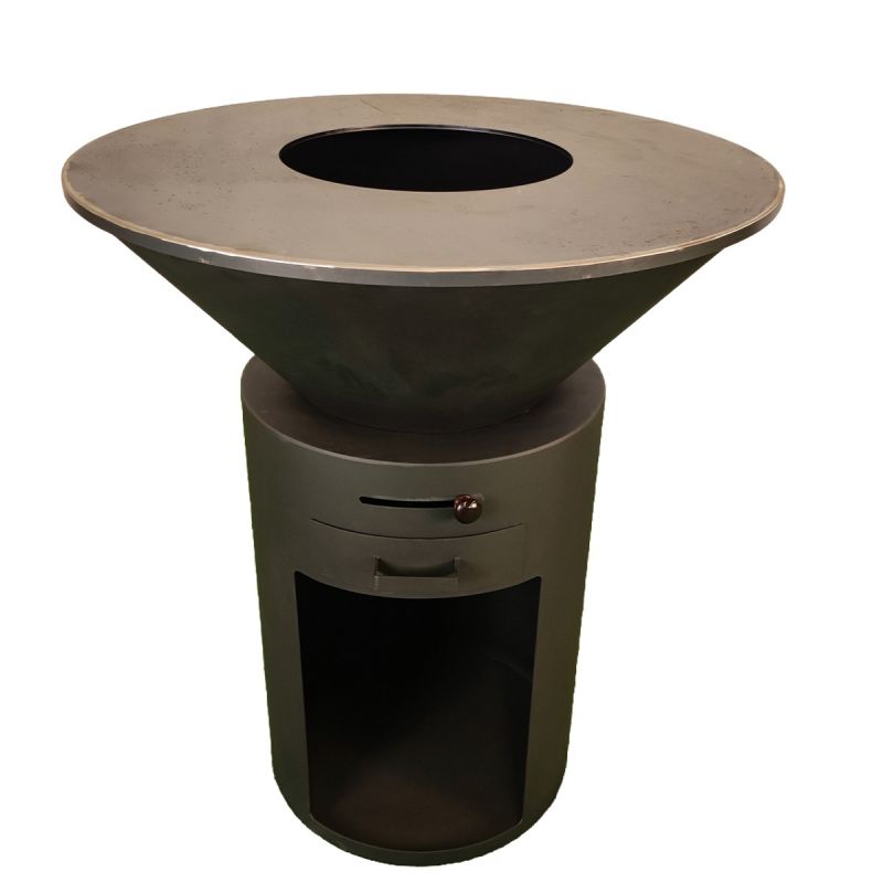 Gratar pe lemn cu plita mare de gatit, depozitare lemne, otel corten de 2mm, diametru 100 sau 85 cm, Negru, Infinity Glow