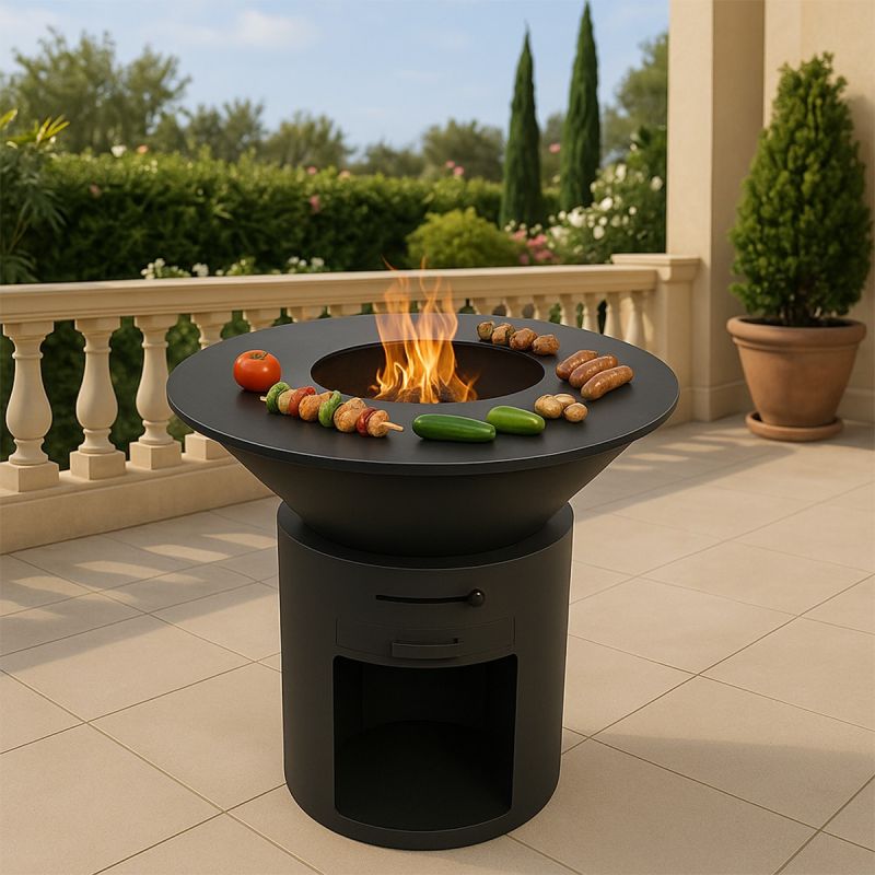 Gratar pe lemn cu plita mare de gatit, depozitare lemne, otel corten de 2mm, diametru 100 sau 85 cm, Negru, Infinity Glow