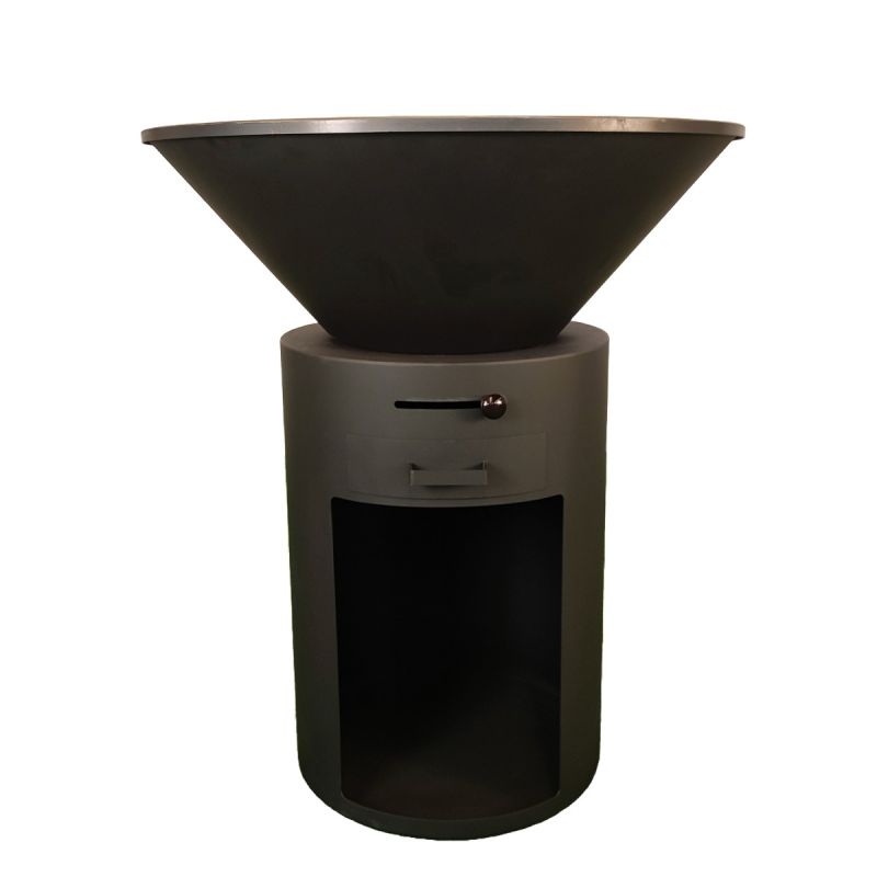 Gratar pe lemn cu plita mare de gatit, depozitare lemne, otel corten de 2mm, diametru 100 sau 85 cm, Negru, Infinity Glow