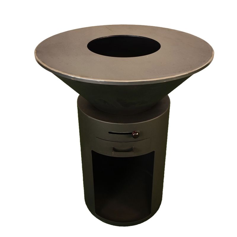 Gratar pe lemn cu plita mare de gatit, depozitare lemne, otel corten de 2mm, diametru 100 sau 85 cm, Negru, Infinity Glow