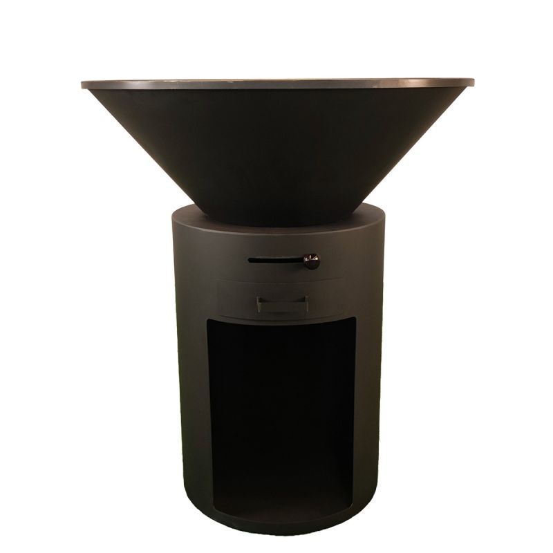 Gratar pe lemn cu plita mare de gatit, depozitare lemne, otel corten de 2mm, diametru 100 sau 85 cm, Negru, Infinity Glow