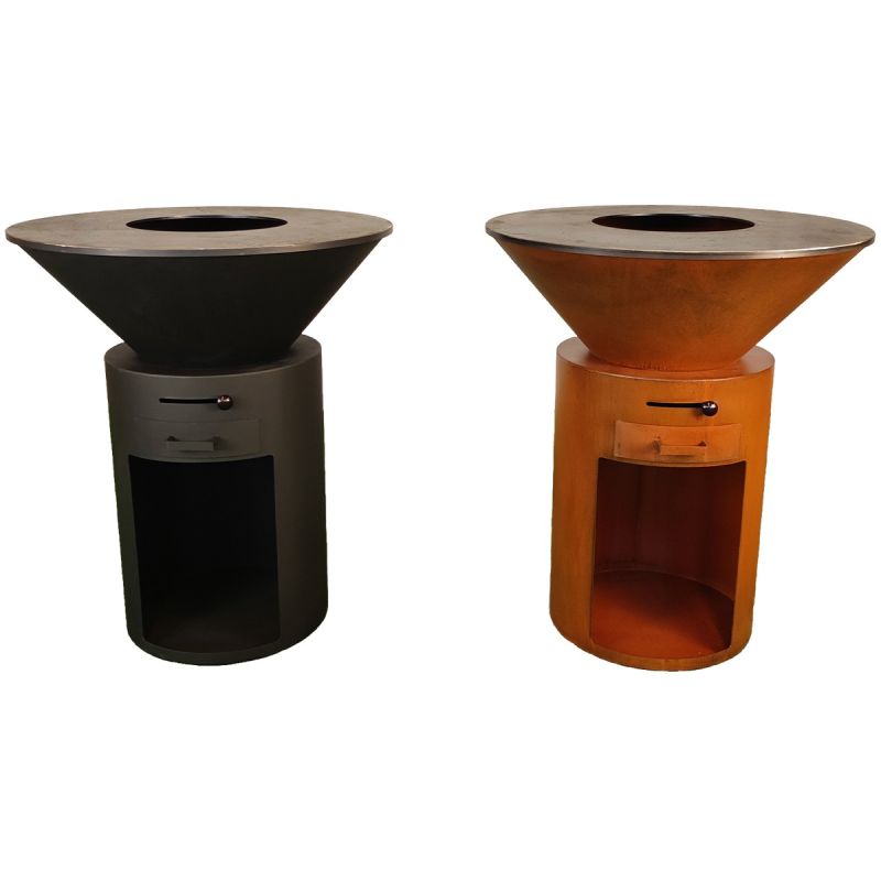 Gratar pe lemn cu plita mare de gatit, depozitare lemne, otel corten de 2mm, diametru 100 sau 85 cm, Negru, Infinity Glow