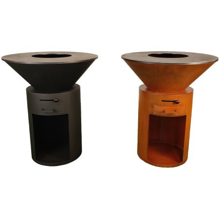 Gratar pe lemn cu plita mare de gatit, depozitare lemne, otel corten de 2mm, diametru 100 sau 85 cm, Negru, Infinity Glow