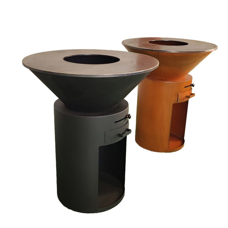 Gratar pe lemn cu plita mare de gatit, depozitare lemne, otel corten de 2mm, diametru 100 sau 85 cm, Negru, Infinity Glow