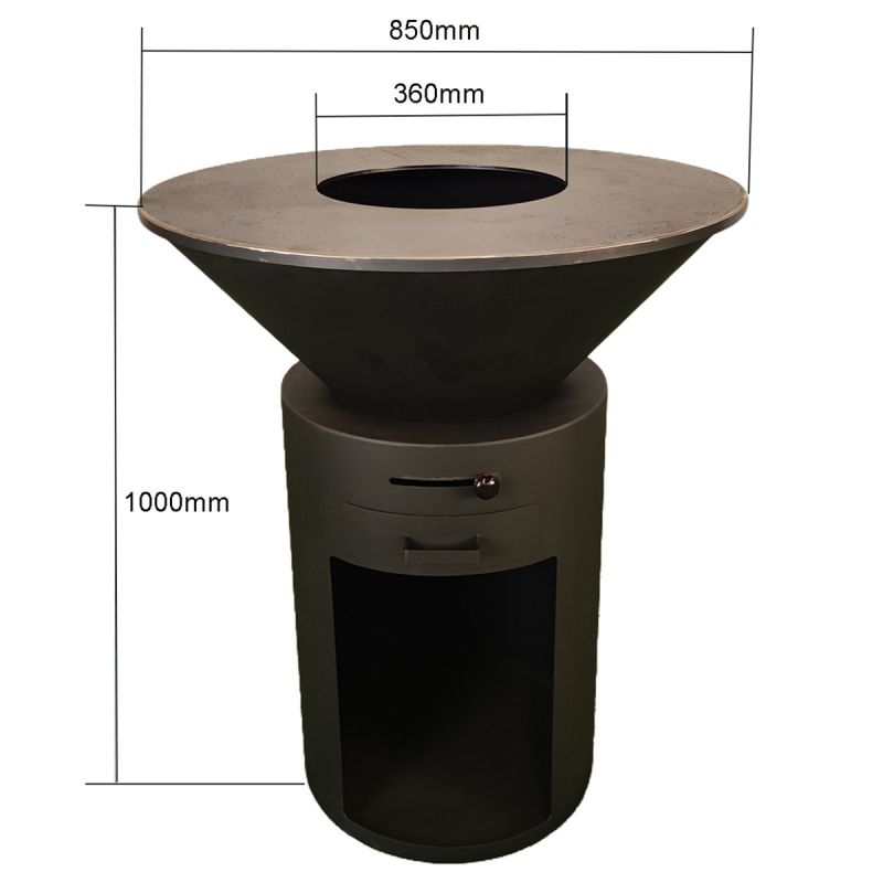 Gratar pe lemn cu plita mare de gatit, depozitare lemne, otel corten de 2mm, diametru 100 sau 85 cm, Negru, Infinity Glow