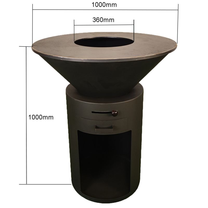 Gratar pe lemn cu plita mare de gatit, depozitare lemne, otel corten de 2mm, diametru 100 sau 85 cm, Negru, Infinity Glow