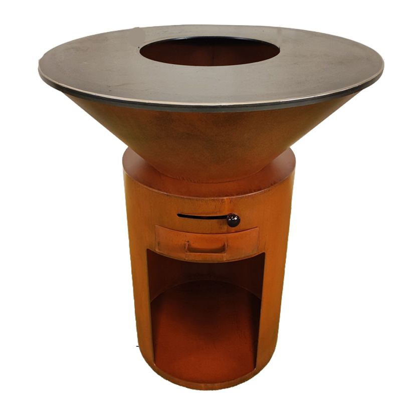 Gratar pe lemn cu plita mare de gatit, depozitare lemne, otel corten de 2mm, diametru 100 sau 85 cm, Ruginiu, Infinity Glow