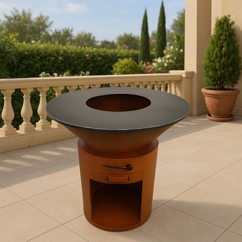 Gratar pe lemn cu plita mare de gatit, depozitare lemne, otel corten de 2mm, diametru 100 sau 85 cm, Ruginiu, Infinity Glow