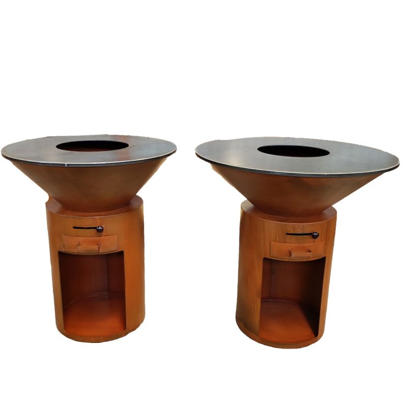 Gratar pe lemn cu plita mare de gatit, depozitare lemne, otel corten de 2mm, diametru 100 sau 85 cm, Ruginiu, Infinity Glow