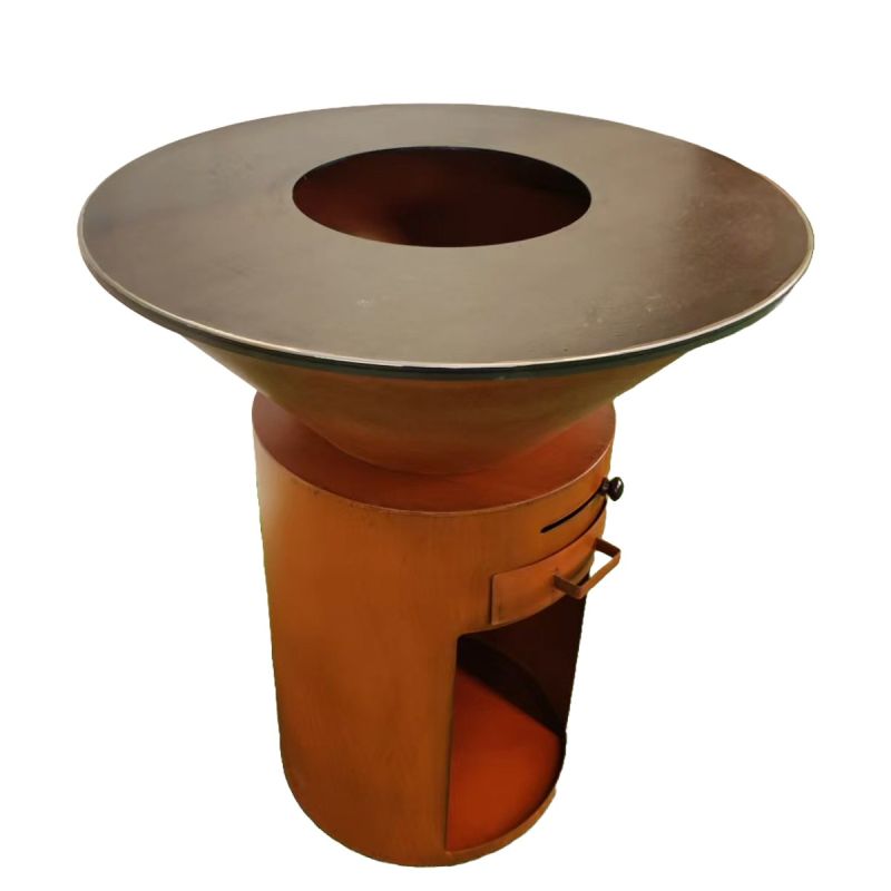 Gratar pe lemn cu plita mare de gatit, depozitare lemne, otel corten de 2mm, diametru 100 sau 85 cm, Ruginiu, Infinity Glow