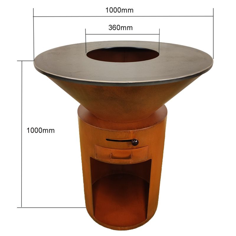 Gratar pe lemn cu plita mare de gatit, depozitare lemne, otel corten de 2mm, diametru 100 sau 85 cm, Ruginiu, Infinity Glow