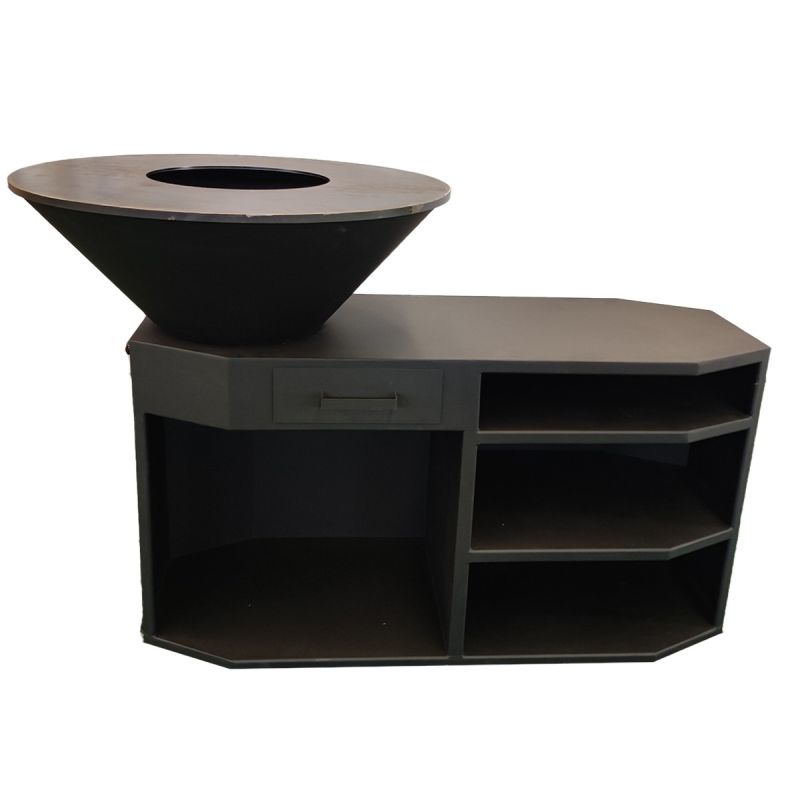 Gratar pe lemn cu plita mare de gatit, suport lemne, 3 rafturi, otel corten, dia 85x130x100 cm, Negru, Solis