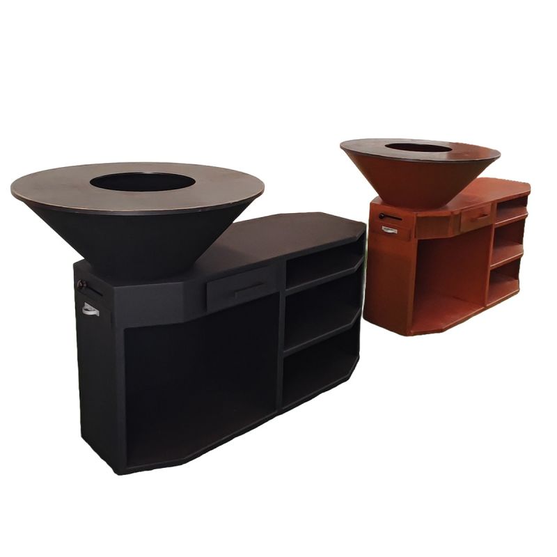 Gratar pe lemn cu plita mare de gatit, suport lemne, 3 rafturi, otel corten, dia 85x130x100 cm, Negru, Solis