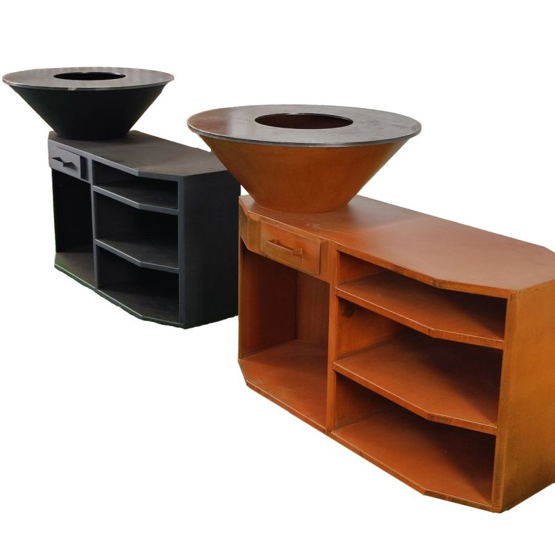 Gratar pe lemn cu plita mare de gatit, suport lemne, 3 rafturi, otel corten, dia 85x130x100 cm, Negru, Solis