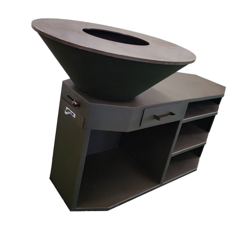 Gratar pe lemn cu plita mare de gatit, suport lemne, 3 rafturi, otel corten, dia 85x130x100 cm, Negru, Solis