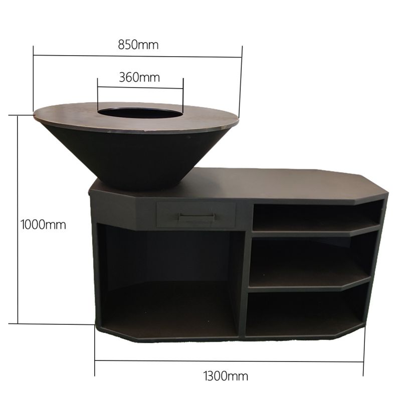 Gratar pe lemn cu plita mare de gatit, suport lemne, 3 rafturi, otel corten, dia 85x130x100 cm, Negru, Solis