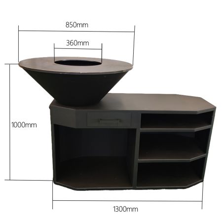 Gratar pe lemn cu plita mare de gatit, suport lemne, 3 rafturi, otel corten, dia 85x130x100 cm, Negru, Solis
