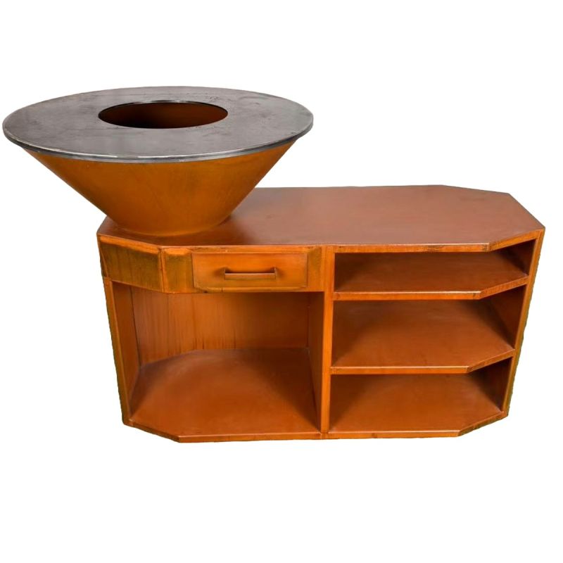 Gratar pe lemn cu plita mare de gatit, suport pentru lemne, 3 rafturi, otel corten , dia 85x130x100 cm, Ruginiu, Solis