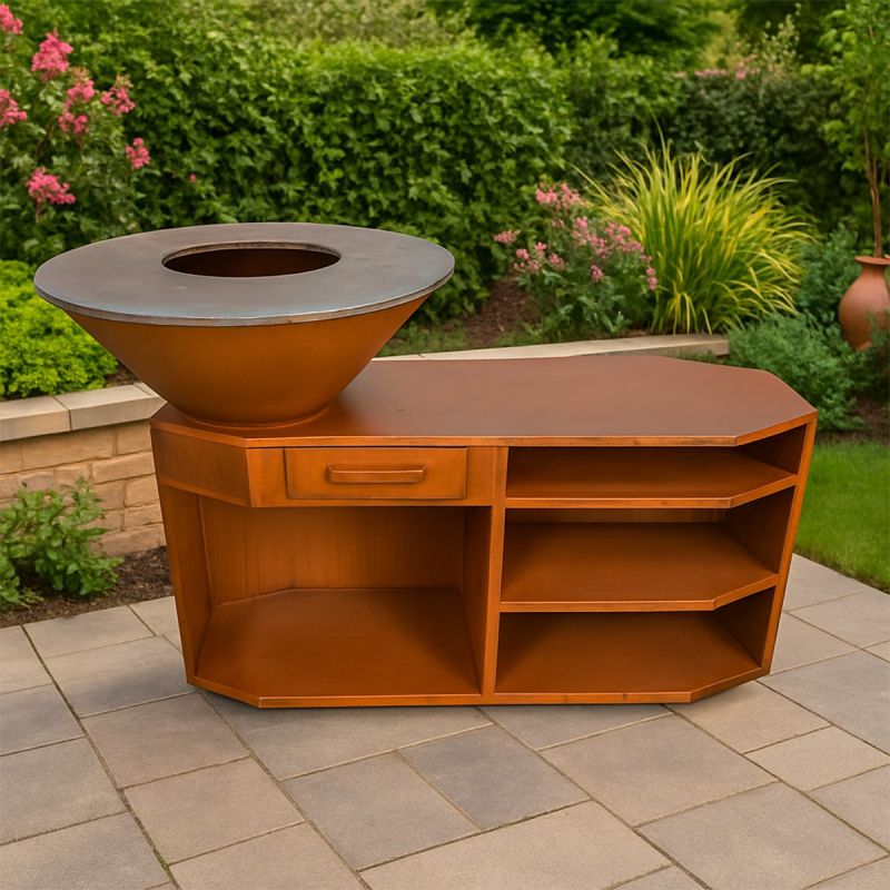 Gratar pe lemn cu plita mare de gatit, suport pentru lemne, 3 rafturi, otel corten , dia 85x130x100 cm, Ruginiu, Solis