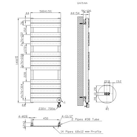 Calorifer electric cu termostat digital LCD din otel, programare saptamanala, Timer, Portprosop, 120-140-160x50 cm, Alb, Nadir