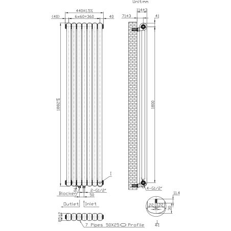 Calorifer vertical din otel, 188x44 cm, 2960 W, 7 elementi, Alb, Eleganza
