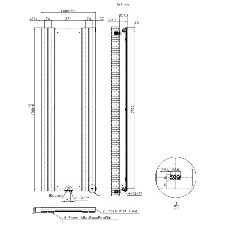 Calorifer decorativ din otel cu oglinda, Antracit, 4 elementi, 593 W, dimensiune 180x60 cm, Malvina