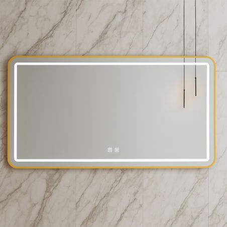 Oglinda Led, Cadru auriu, Dezaburire, Buton Touch, 3 Culori, Intensitate reglabila, dimensiuni 60-70x80-150 cm, Feliz
