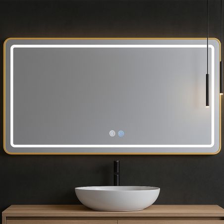 Oglinda Led, Cadru auriu, Dezaburire, Buton Touch, 3 Culori, Intensitate reglabila, dimensiuni 60-70x80-150 cm, Feliz
