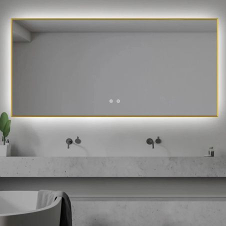 Oglinda Led, Cadru auriu, Dezaburire, Buton Touch, 3 Culori, Intensitate reglabila, dimensiuni 60-70x80-150 cm, Feliz