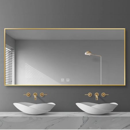 Oglinda Led, Cadru auriu, Dezaburire, Buton Touch, 3 Culori, Intensitate reglabila, dimensiuni 60-70x80-150 cm, Feliz
