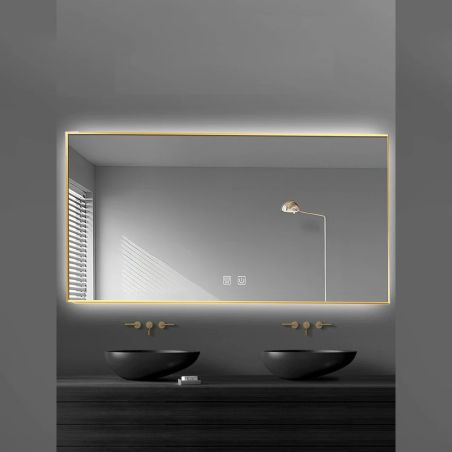 Oglinda Led, Cadru auriu, Dezaburire, Buton Touch, 3 Culori, Intensitate reglabila, dimensiuni 60-70x80-150 cm, Feliz
