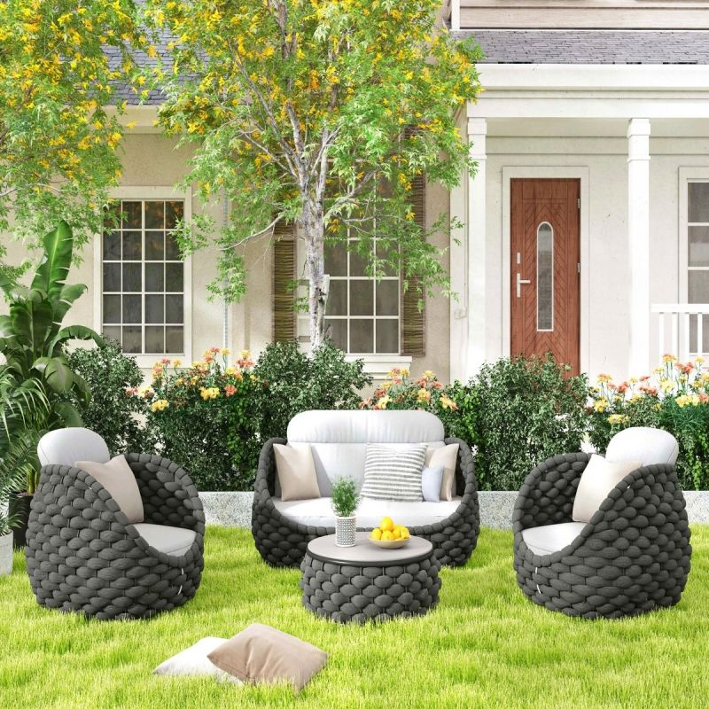 Set mobilier terasa gradina, canapea, fotolii, masuta de cafea, aluminiu, impletitura rotunda tip funie, Dylan