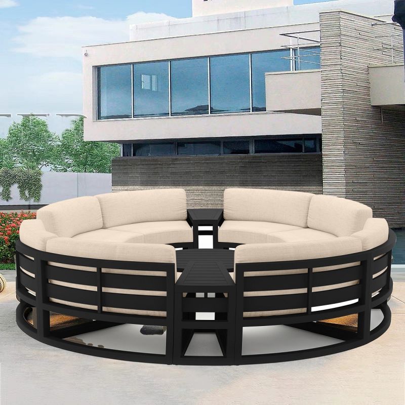 Set Mobilier Rotund terasa sau gradina, Cadru Aluminiu, 7 Piese, Dark Grey, Perne Incluse Crem, Coral
