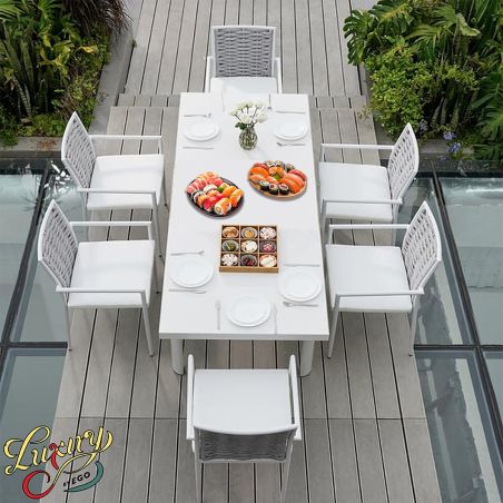Set mobilier terasa sau gradina, masa din aluminiu si lemn, 6 scaune, impletitura tip funie, Torino