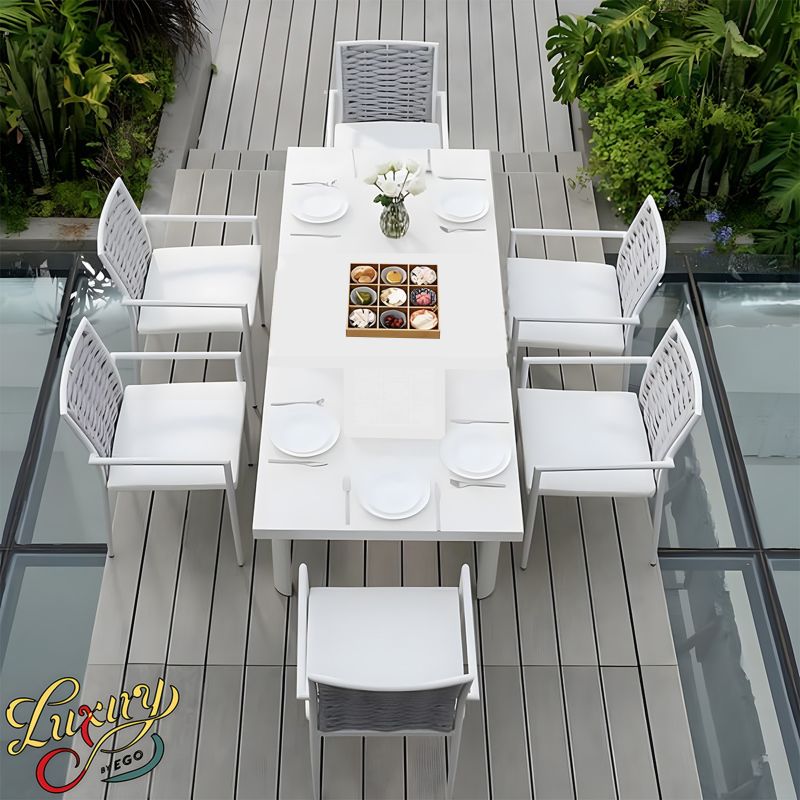 Set mobilier terasa sau gradina, masa din aluminiu si lemn, 6 scaune, impletitura tip funie, Torino