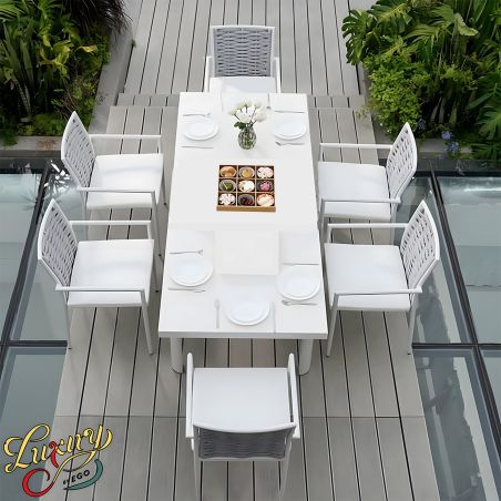 Set mobilier terasa sau gradina, masa din aluminiu si lemn, 6 scaune, impletitura tip funie, Torino