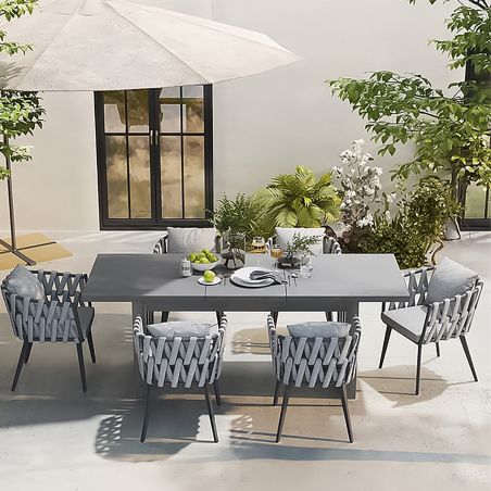 Set mobilier terasa sau gradina, 6 scaune, masa extensibila, aluminiu si impletitura tip funie, Riga