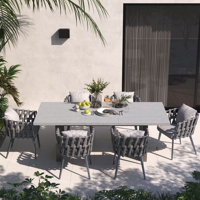 Set mobilier terasa sau gradina, 6 scaune, masa extensibila, aluminiu si impletitura tip funie, Riga